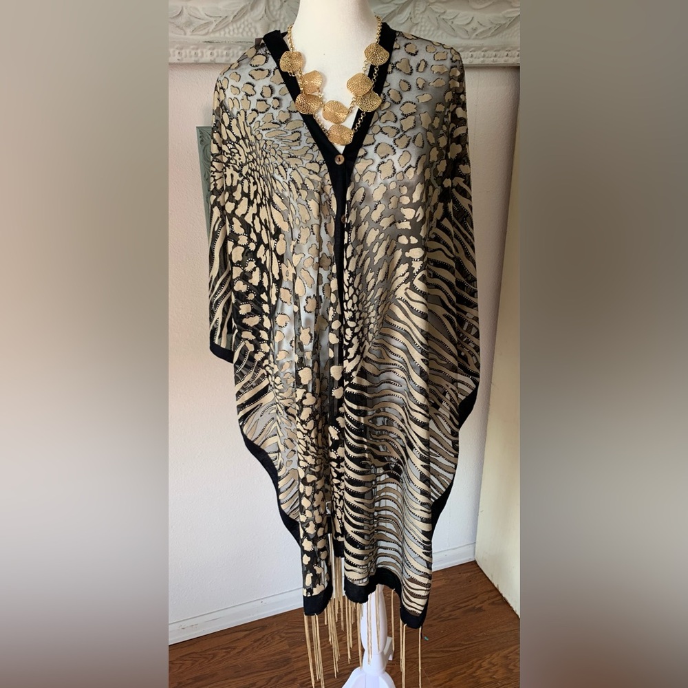 Beige and Black Animal-Print Poncho Top